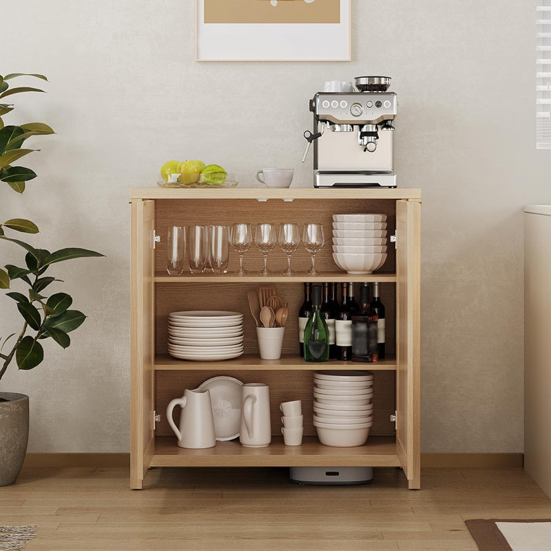Rattan Sideboard Buffet Storage Cabinet, Console Table With Adjustable Shelves And Metal Handles, Yellow