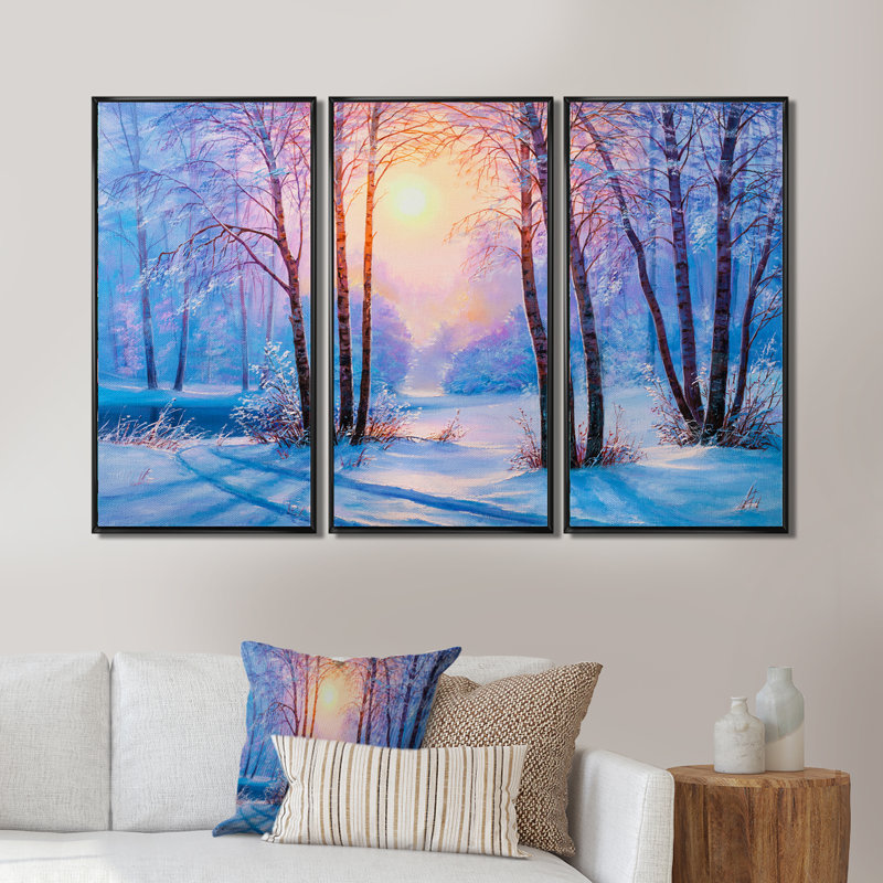 «Warm Sunshine Reflection over Winter Forest River III», reproduction de photo sur toile 3 pièces, H 28 po x l 36 po x P 1 po
