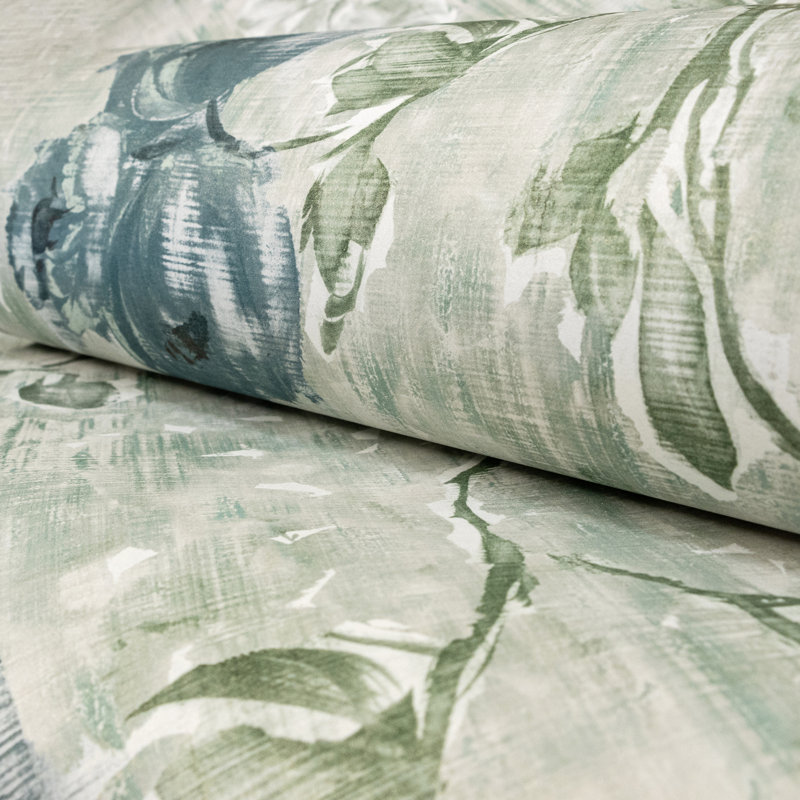Julie Feels Home Collection Glitter/Shimmer Large Petunia Flowers Wallpaper Roll, 110.2'' W x 9.8' L, Steel Blue Sage