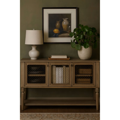 Solid Wood And Entertainment Cabinet With Three Decorative Mesh Front Door Combinations, Tan Color, 37.56 In Height, 19 Width, 62 Depth, Interior Shelving For Entertaining, Open Lower , Organized
