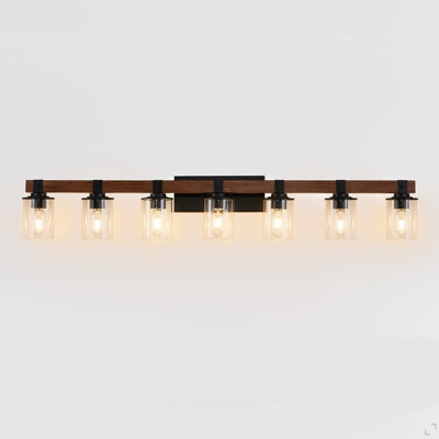 Applique murale de salle de bain 42 po à 6 lumières de style rustique 42 po avec abat-jour en verre et accent de bois, luminaire de maison de campagne moderne (sans ampoules)
