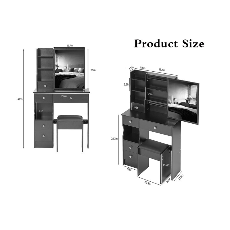 Vanity Table With 1 Stool, Black