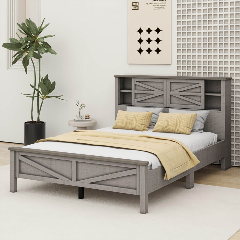 Ranee Farmhouse Platform Bed With Double Sliding Barn Door, Rustic Wood Bed Withcharging Station, Wood Slats Support, Full