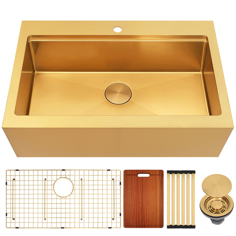   36" L x 22" W Workstation Gold Farmhouse Apron Front Kitchen Sink 16 Gauge Stainless Steel Single Bowl With Accessories