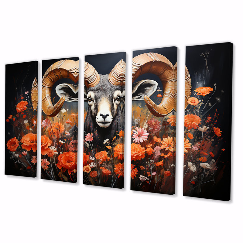 «Colorful Colorful Goat Portrait II - Chèvre», art mural 5 pièces, H 32 po x l 80 po