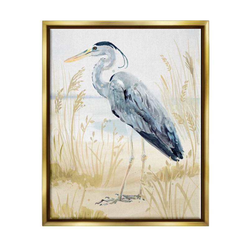 Heron et plage de Victoria Barnes, Cadre flottant métallique doré, H 31 po x l 25 po x P 1,7 po