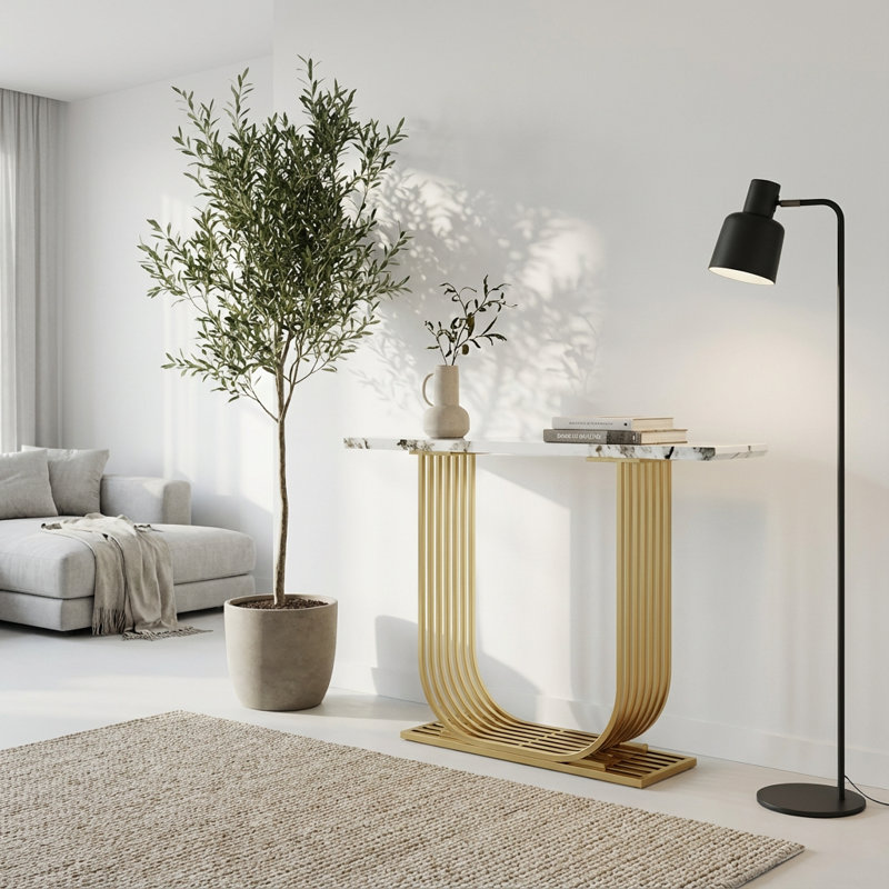 Console contemporaine contemporaine avec plateau imitation marbre et structure en métal