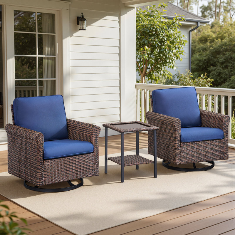 Wicker Rattan Outdoor Swivel Chair Set with Side Table (2 Chairs + 1 Table), Blue