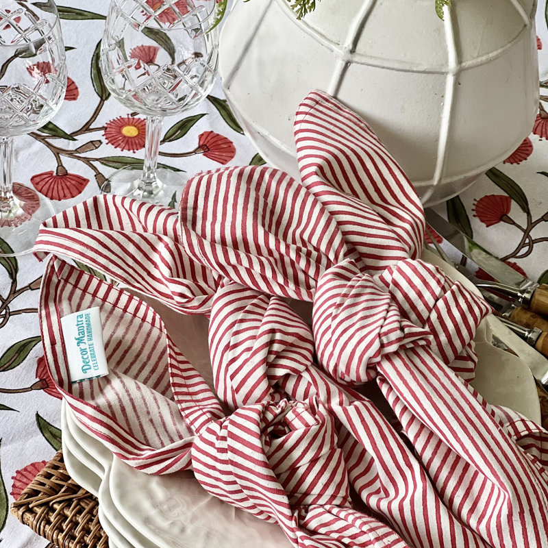 Red Striped Napkins - Block printed, White/Red