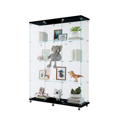 Extra Large 4-shelf Glass Display Cabinet In Black For Home Use, Accommodates Action Figures, Wine, Whisky, 5mm Tempered Glass, Solid Wood Frame, Metal Handle Bedroom, Fits Cabinet, Rivet