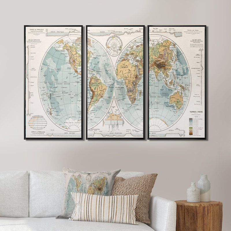 Ancienne carte du monde II - cadre flottant 3 pièces, impression sur toile, Cadre noir, H 28 po x l 36 po