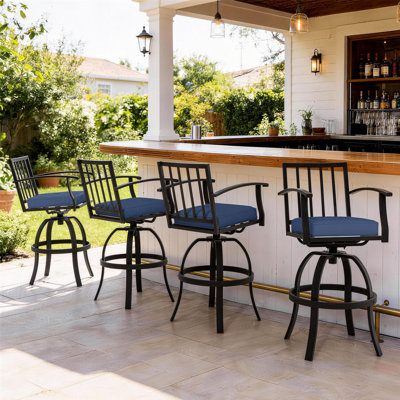 4-Piece 29.4'' Outdoor Metal Swivel Bar Stools with Cushions, Armrests and Slat Back