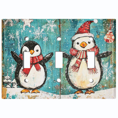 Couvercle de plaque d'interrupteur en métal; Bascule à 3 bandes US standard - pingouins de Noël