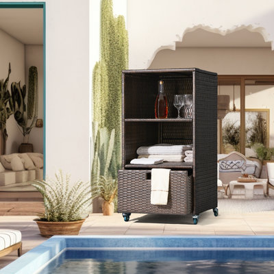 Outdoor Towel Rack For Pool Outdoor Pool Towel Storage Cabinet With Shelf & Drawer Pool Towel Valet Caddy With Rolling Wheels Wicker Pool Towel Holder by LeewooJardin
