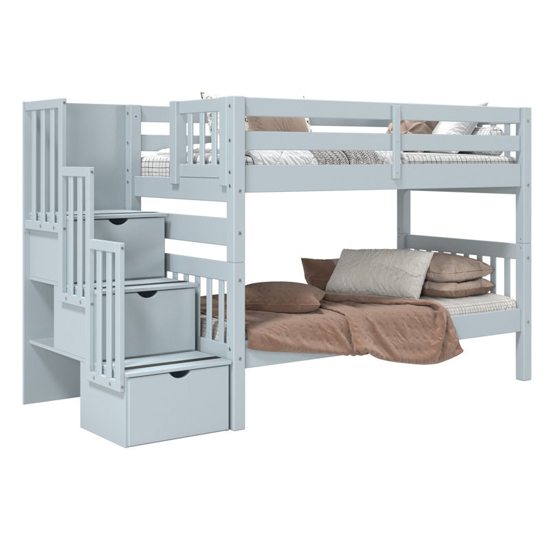 Tena Twin over Twin 3 Drawer Solid Wood Standard Bunk Beds with Stairway, Blue
