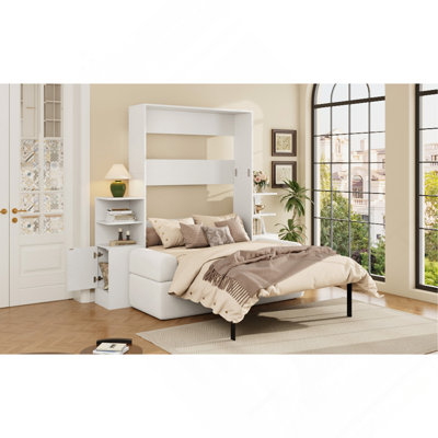 Lit escamotable double pleine grandeur avec canapé et armoires de rangement, lit mural peu encombrant pour bureau à domicile et chambre d'amis, blanc