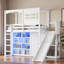 Lit mezzanine simple avec garde-robe, tablettes de rangement, glissoire et DEL