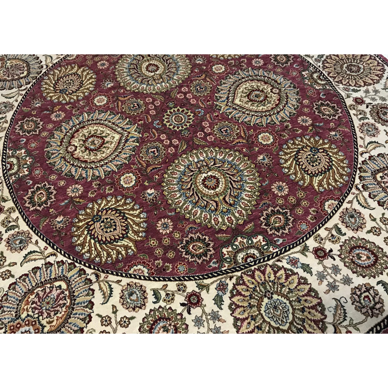 Tapis rond vert, rouge et crème noué à la main de haute qualité