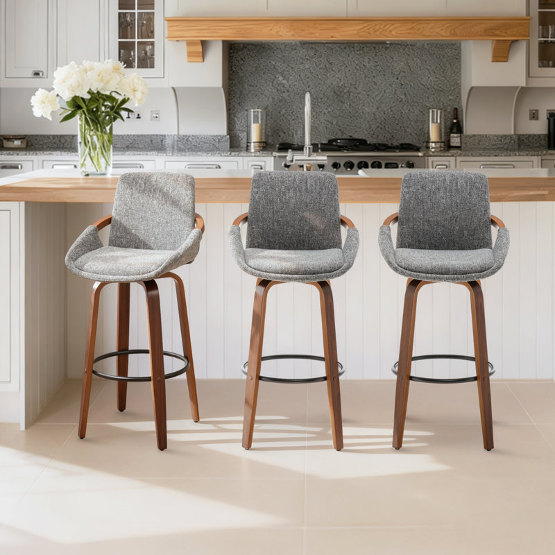 Benno 3-Piece Swivel Upholstered Counter Stool Set, Light Gray/Linen, Bar Stool (30” Seat Height)