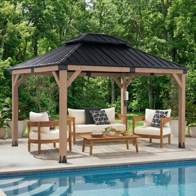 10 x 12 pi Pavillon de jardin en bois de cèdre avec prise électrique, toit rigide en acier galvanisé à double toit, pavillon de patio extérieur pour terrasse et jardin (couleur bois gris)