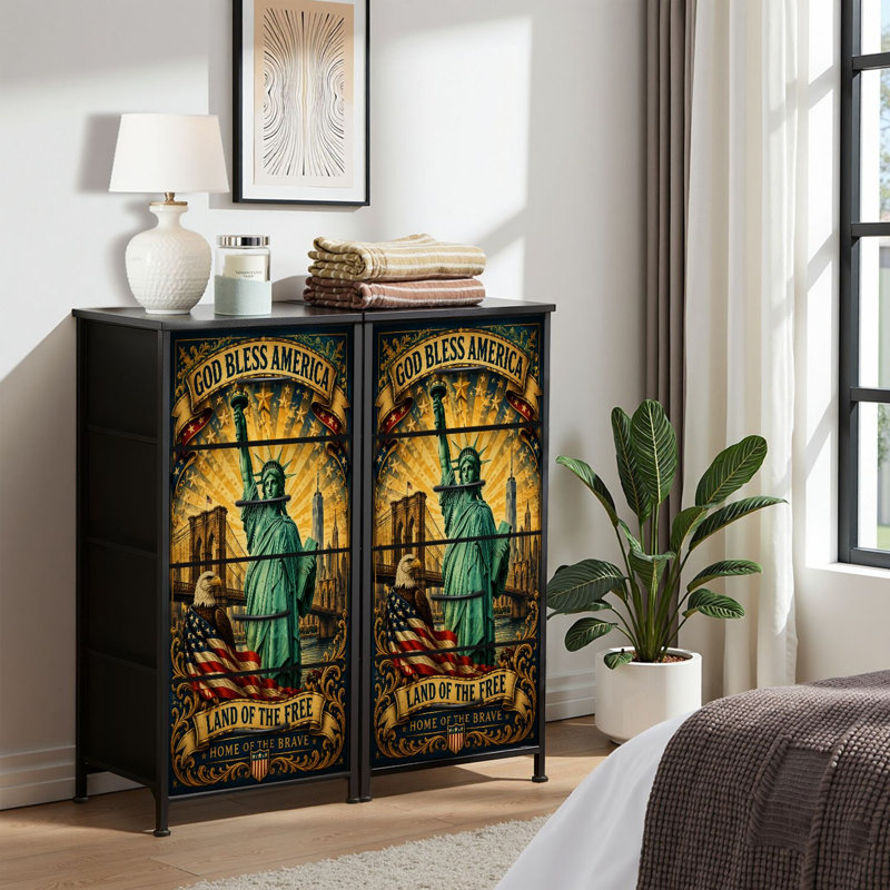 Commode 4 tiroirs pour chambre à coucher, commode étroite, plateau en bois et structure de bureau en fer 18 po x 37,5 po (lxH) - avec statue Liberty American Eagle