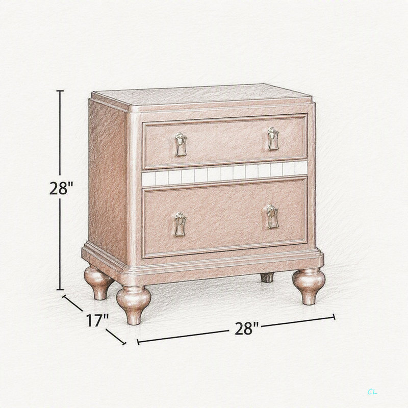Table de chevet 2 tiroirs en bois avec bordure miroir