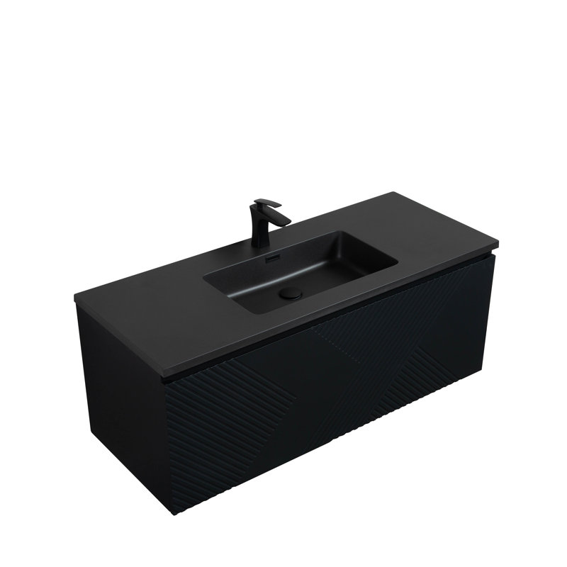 Hindel 48 po L x 19 po P 2 tiroirs Meuble-lavabo avec évier simple et Comptoir en Quartz noir, Noir