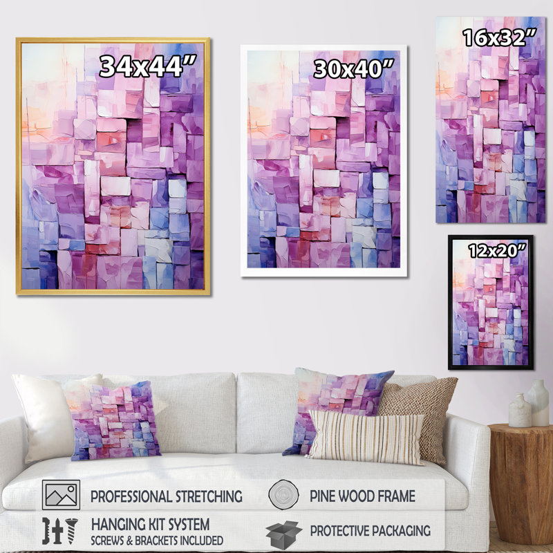 «Lilac Lattices Abstract Shapes I», reproduction d'art sur toile, Cadre flottant noir, H 44 po x l 34 po x P 1,5 po