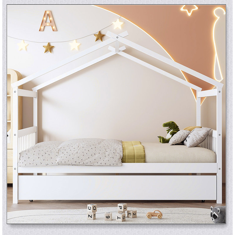 Wooden House Bed With Trundle, White