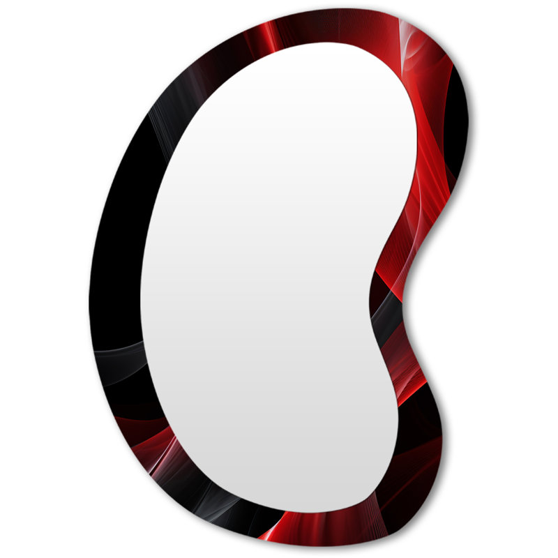 Garrik Red Black Contemplative Abstraction V - Waves Asymmetrical Wall Mirror, Modern Irregular Shape Decorative Mirror, Printed Metal Art