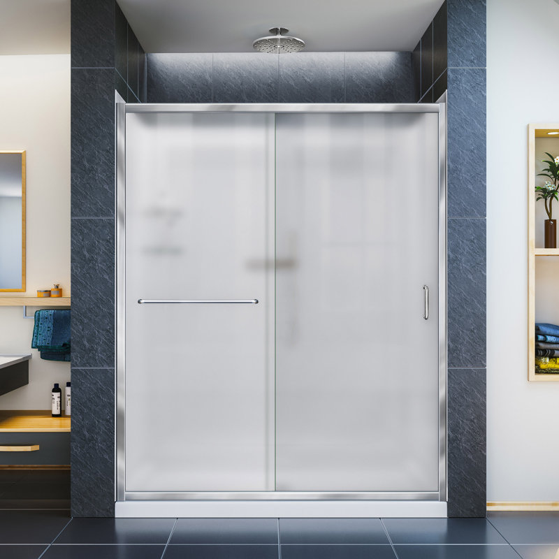 Infinity-Z 60" W x 30" D x 76.75" H Semi-Frameless Rectangle Shower Enclosure with Towel Bar and Base Included, Chrome, Left