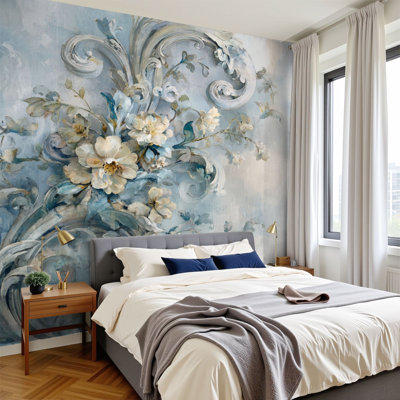 Papier peint auto-adhésif mural en porcelaine à motif floral rétro en porcelaine blanche H 100 po x l 144 po Peel and Stick