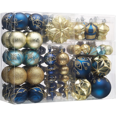  Christmas Tree Decorations Ornaments Set, 108ct Blue and Gold Shatterproof Ball Ornaments Bulk, Luxury Peacock Hanging Decor for Xmas Holiday Party