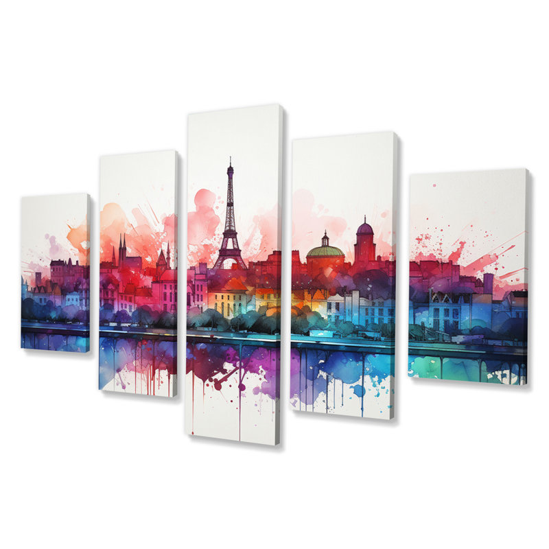 «Paris Skyline Eiffel Tower Vibrant Watercolor V - City Paris, reproduction sur toile - 5 panneaux
