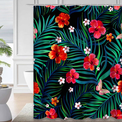 Tropical Butterfly Green Palm Hibiscus Waterproof Shower Curtain with 12 Hooks