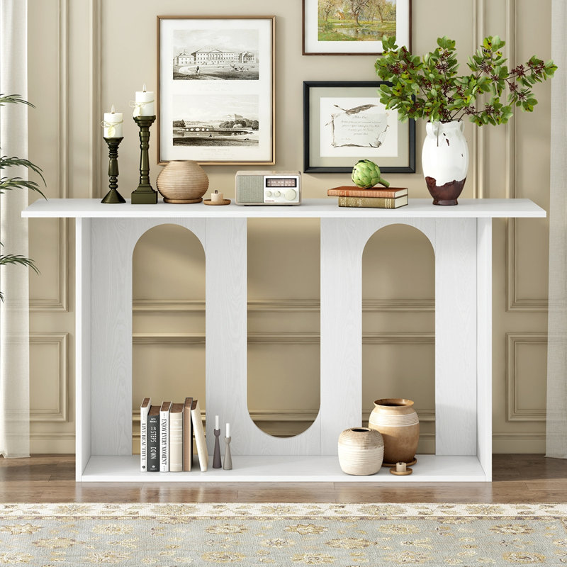 Console moderne et courbée en placage de frêne avec tablette, Blanc