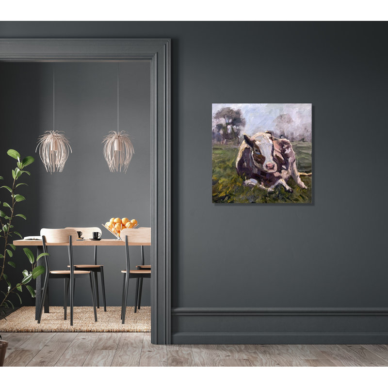 Brown Cow - Artist Enhanced Canvas Print, 24" H x 24" W x 1.5" D, White Framed Canvas