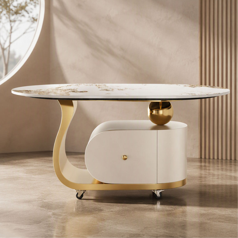 Table basse en pierre frittée de 39,4 po avec tiroir, base en acier inoxydable et 4 roulettes verrouillables, table de bout ovale mobile moderne pour le salon, assemblage facile ()