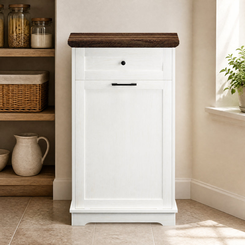 10 Gallon Tilt Out Trash Cabinet Freestanding Wood Recycling Bin Storage Cabinet Drawer Pet Proof Trash Can Holder Antique White