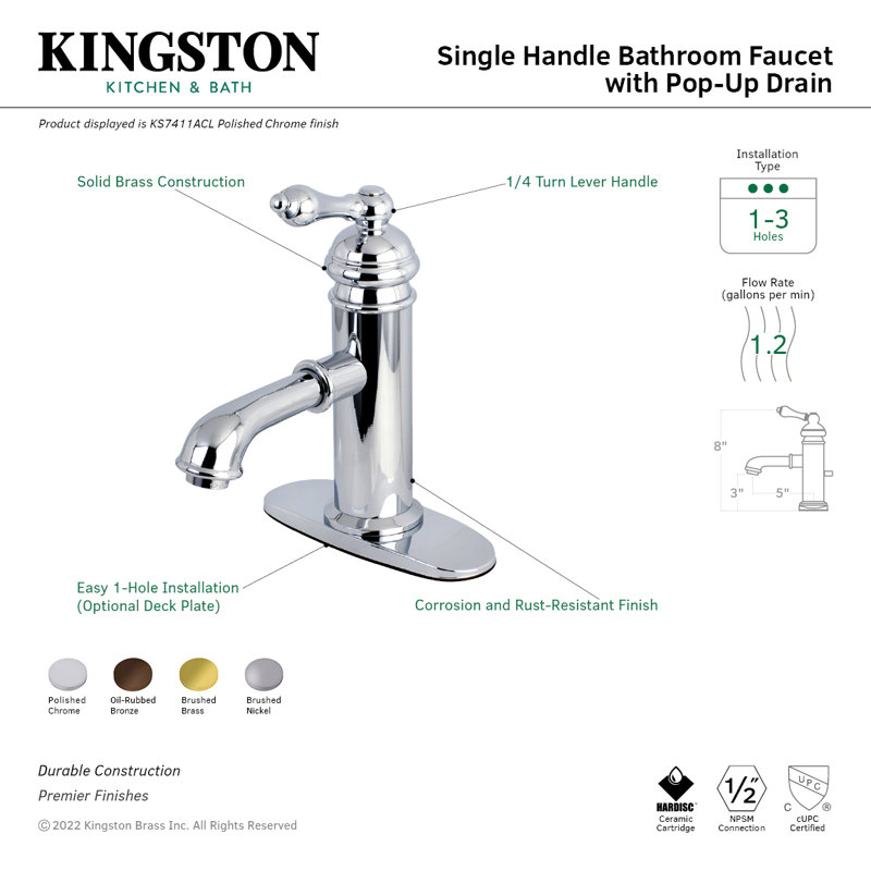 Robinet pour salle de bain avec ensemble de drain central à American Classic, Chrome poli