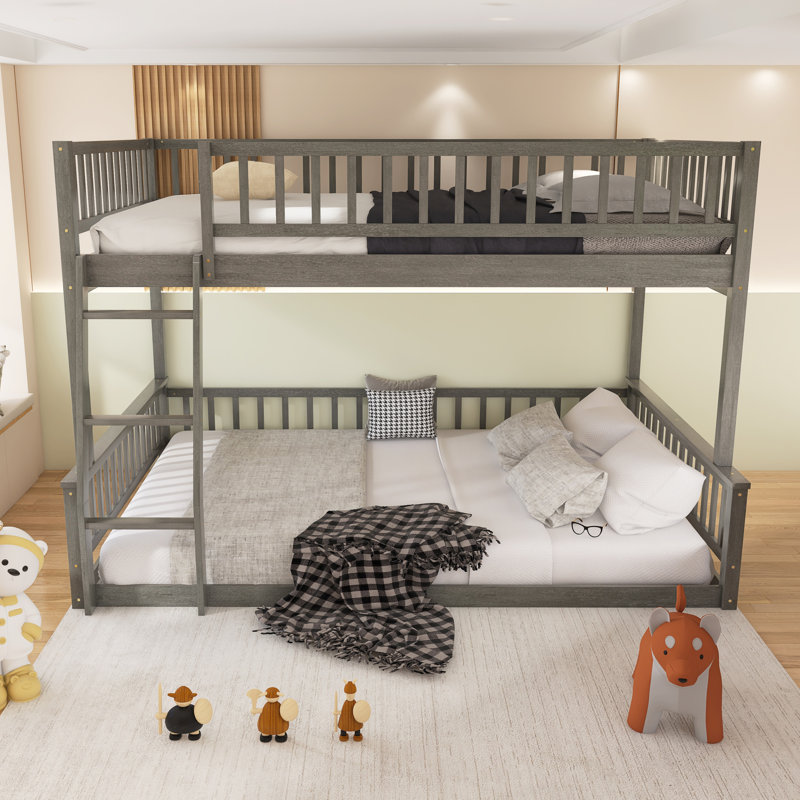 Bunk Bed With Ladder And Guardrails, Gray, Full XL Over Queen