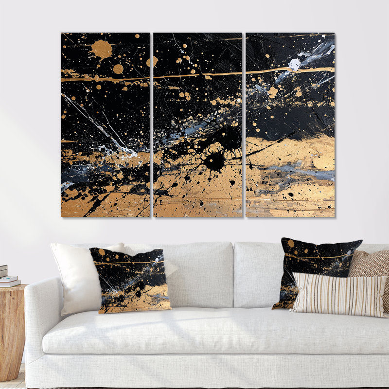 Spatter Explosion Gold Black - ensemble d'art mural imprimé abstrait, Toile tendue, H 32 po x l 48 po x P 1 po