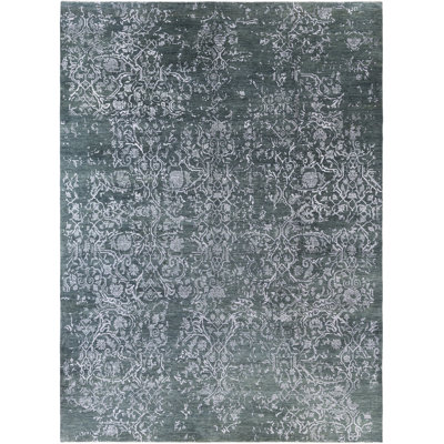 Tapis unique noué à la main de couleur verte 9 pi 1 po x 12 pi 4 po Odom