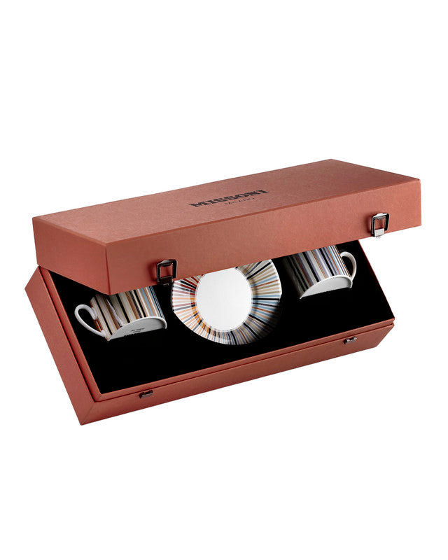 Missoni Tea Cup & Saucer NASTRI Set of 2 in Luxury Box diam. 3.3in, H 2.3in, cap. 7.5 oz, Saucer dim. 6in