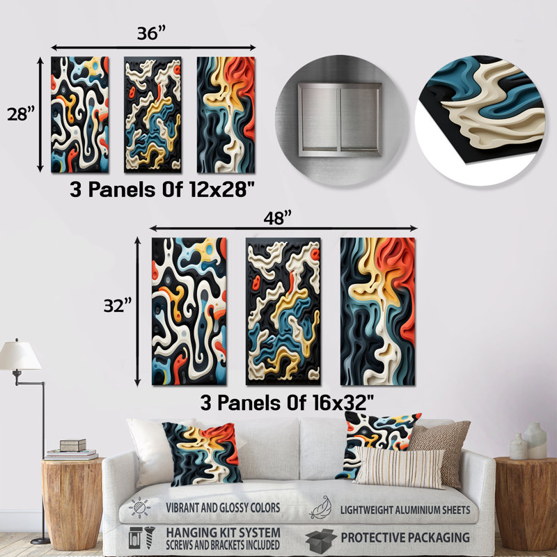 Multicolore Labyrinth Fusion - Formes abstraites en métal Art mural, ensemble de 3, H 32 po x l 48 po