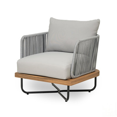 Outdoor Acacia Wood Chair with Hand-Woven Rope, Durable Metal Frame, and Water-Repellent Cushion for Ultimate Comfort