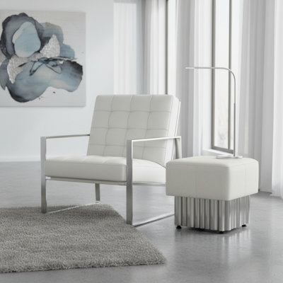 Marcello White Leather Cube Ottoman with Textured Plinth Base 