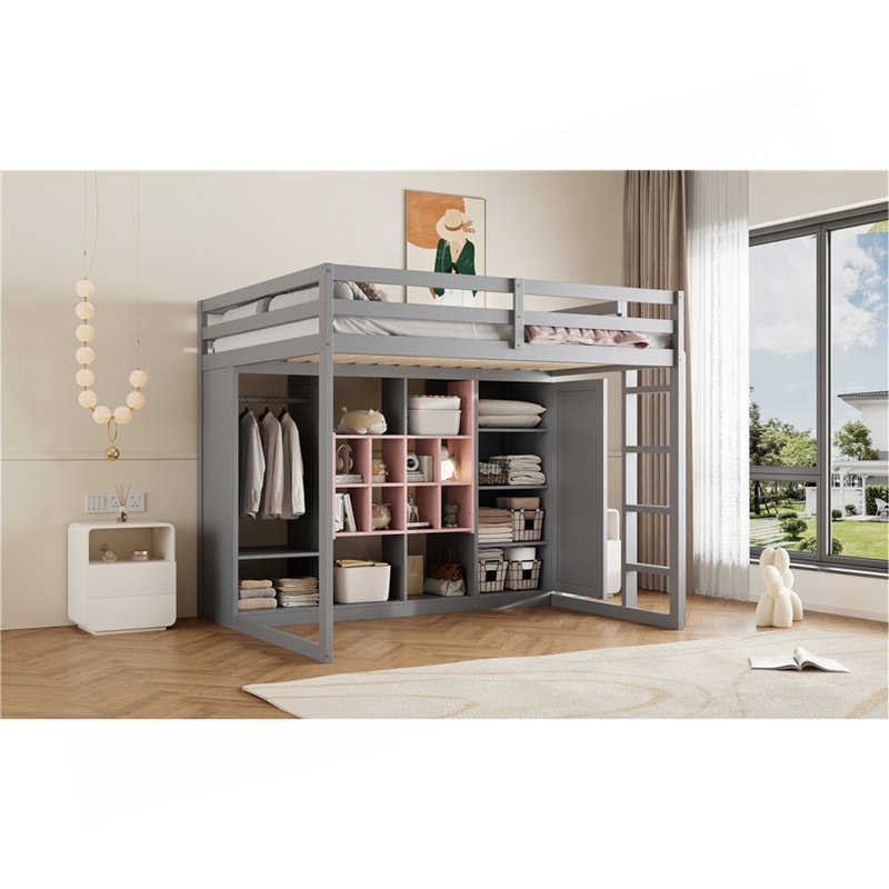 Lit mezzanine en bois pleine grandeur avec garde-robe, tablettes et armoire, gris, Lit double