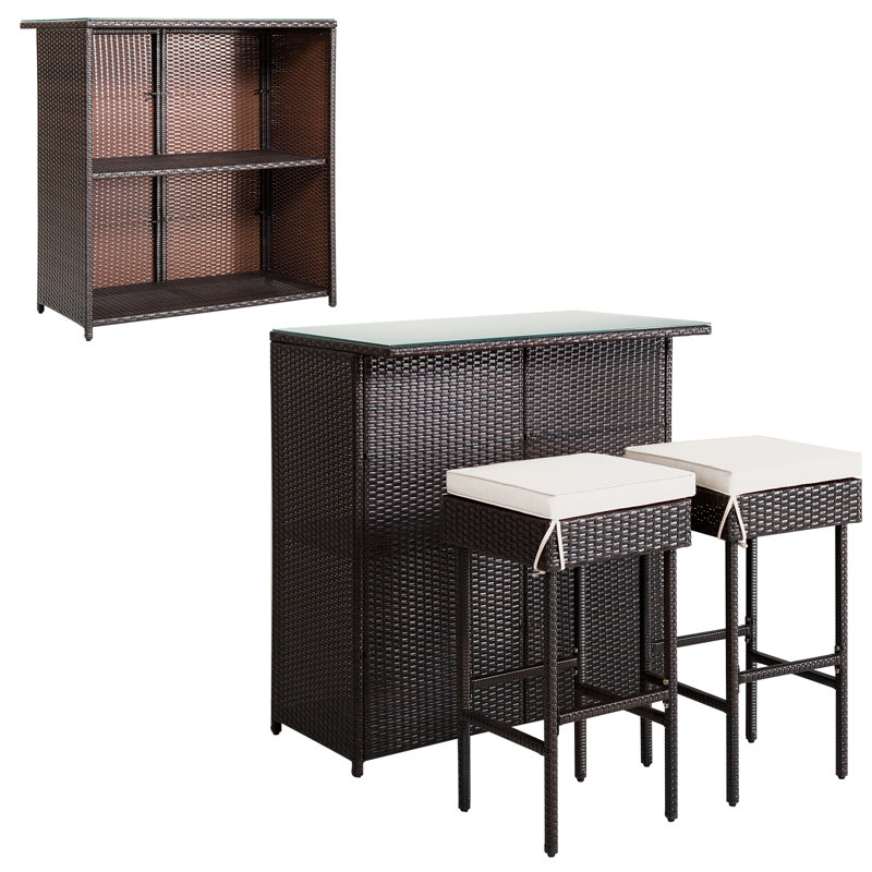 3PCS Patio Wicker Rattan Bar Set Table w/2 Turquoise Cushioned Stools, White, 41.5"H x 40"W x 24"D
