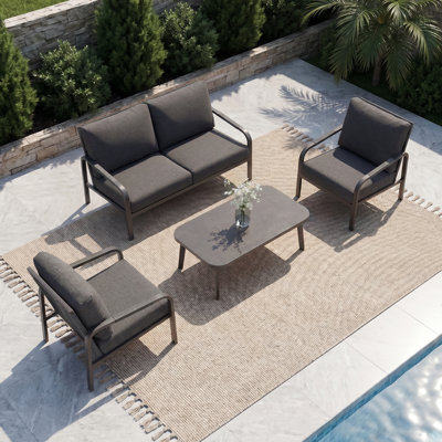 Ensemble de conversation de patio 4 pièces avec table basse, structure en aluminium, canapé d'extérieur pour balcon de jardin, gris